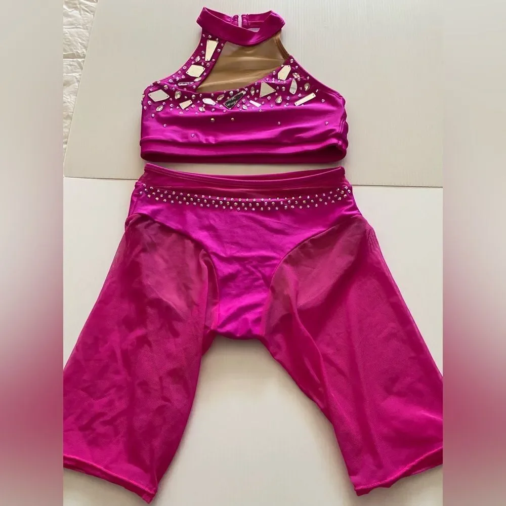 AA dance design costume solo custom hot pink Malfi Blossom 2 piece illusion SA